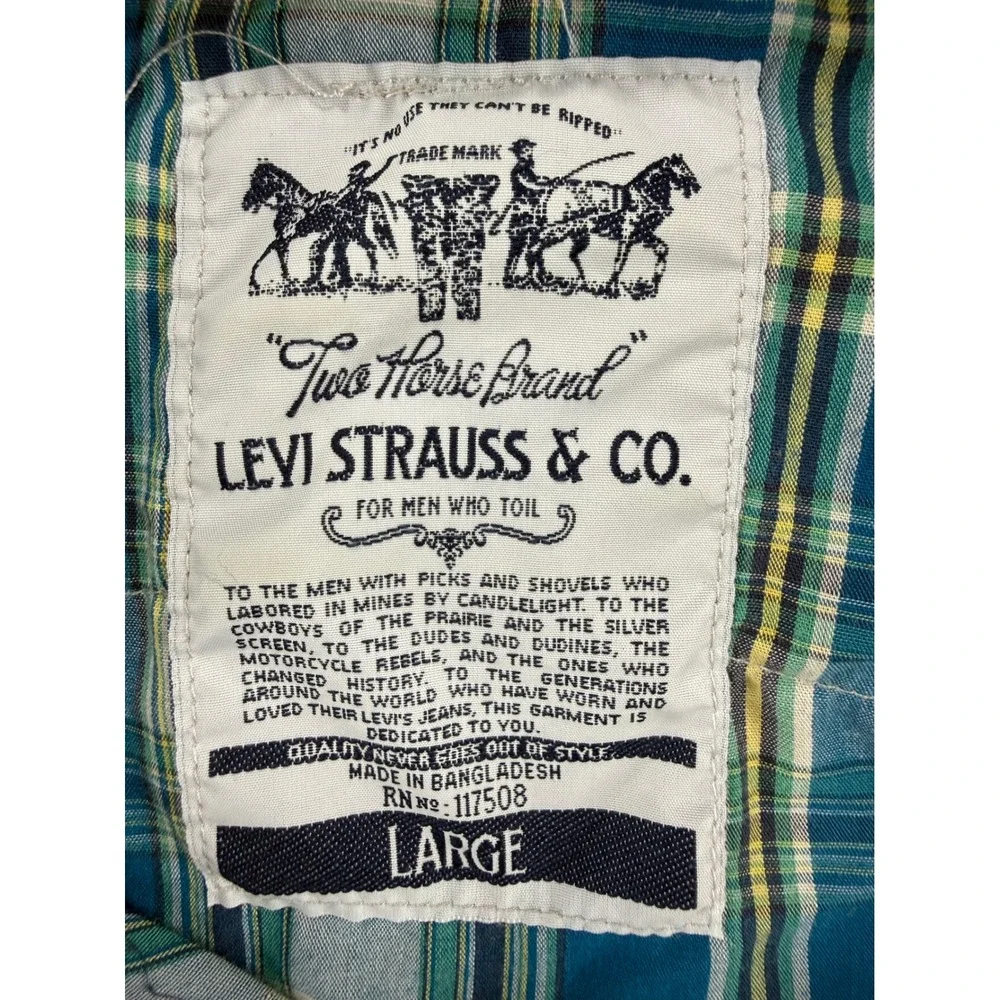 Levi's Western Shirt Mens Large Blue Green Plaid Pearl Snap‎ Short Sleeve